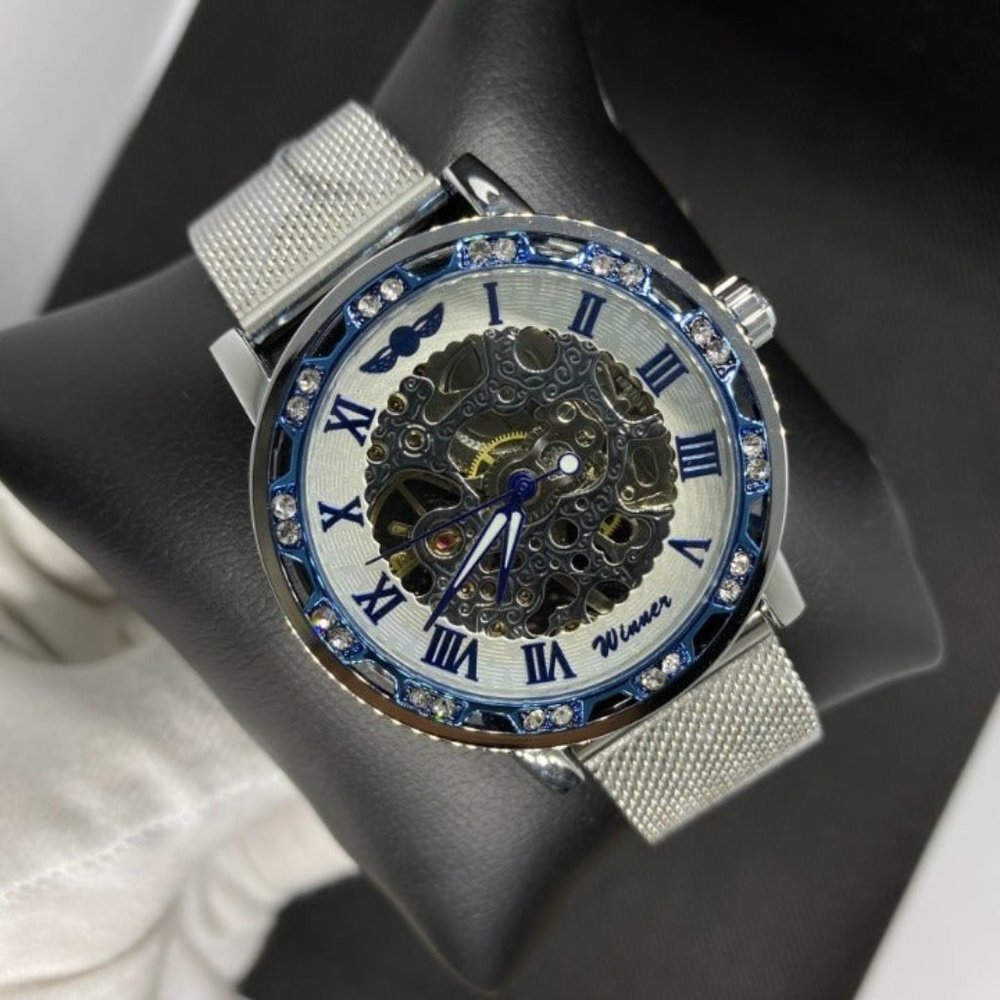 Silver Men's Business Fashion Skeleton Mechanical Watch